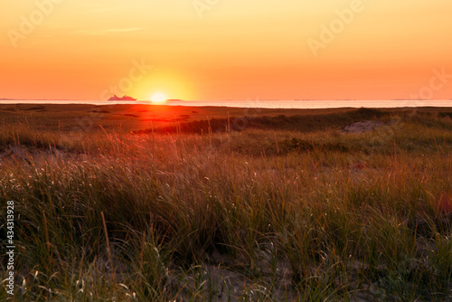 Majestic autumn sunset over grassy sand dunes along a coast. A Cruise ship in navigation is visible on horizon. © alpegor