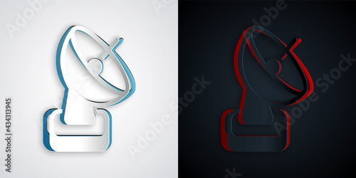 Paper cut Radar icon isolated on grey and black background. Search system. Satellite sign. Paper art style. Vector