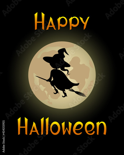 Halloween card. Witch on broomstick flying on moon background. Vector illustration.