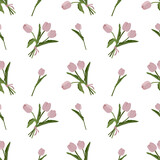 Seamless pattern with pink tulips and green leaves, on a white background. Flowering plants. For the design of fabric, wrapping paper, postcards, wallpaper.