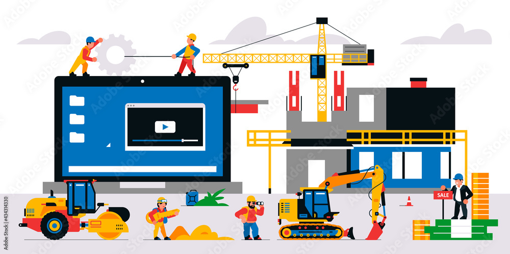 Obraz premium The website is under construction. Technical work, error page. Construction site, machinery, builders, unfinished building, money, coins, gears. Vector illustration on background.
