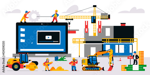 The website is under construction. Technical work, error page. Construction site, machinery, builders, unfinished building, money, coins, gears. Vector illustration on background.
