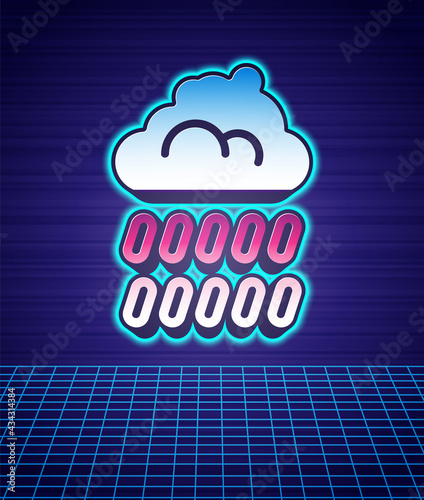 Retro style Cloud with rain icon isolated futuristic landscape background. Rain cloud precipitation with rain drops. 80s fashion party. Vector