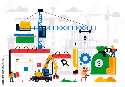 The website is under construction. Error page, maintenance. Construction site, machinery, crane, workers, website, coins, money bag calendar tools Isolated vector illustration