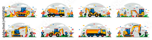 A set of construction equipment and workers on the site. Colorful background of geometric shapes and clouds. Construction site, builders, special equipment, service personnel. Vector illustration.
