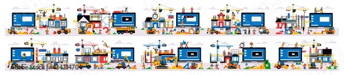 Set of illustrations, website under construction. Technical work, error page. Website construction site, equipment, builders, unfinished building, money, gears, time calendar Vector illustration