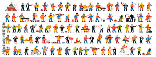 Set of people working in the construction industry. Men and women with professional power tools. Engineers, architects, workers, builders, foreman. Vector illustration isolated on white background