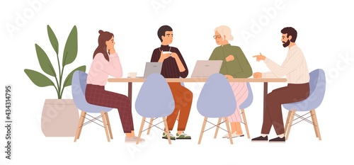 Team of people sitting at desk with laptops, working together, discussing start-up. Meeting of colleagues. Coworking, teamwork concept. Colored flat vector illustration isolated on white background