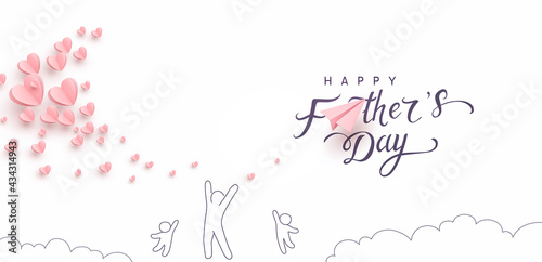 Father's day postcard with paper flying hearts, pink airplane, playing dad and children on white sky background. Vector doodle happy family pattern for greeting card design
