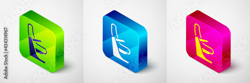 Isometric Airplane seat icon isolated on grey background. Square button. Vector