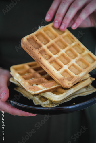 Tasty belgian waffles. Belgian or french waffles for breakfast. Vanilla or chocolate. 
