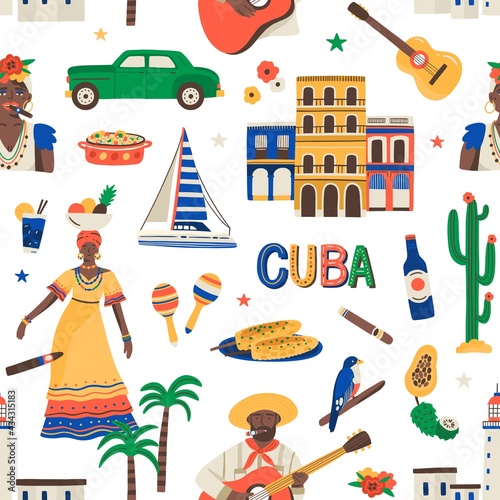 Seamless Cuban pattern with ethnic Latin food, car, boat, people, Havana cigar, rum, guitar and maracas on white background. Cuba repeatable texture for printing. Colored flat vector illustration