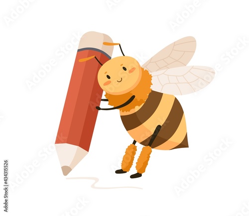 Cute happy bee with huge pencil in tiny paws, writing and drawing smth. Funny adorable honeybee. Childish colored flat cartoon vector illustration of little smiling insect isolated on white background