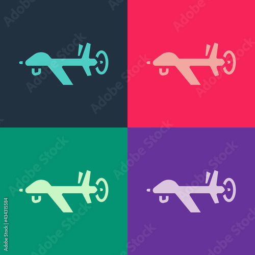 Pop art UAV Drone icon isolated on color background. Military Unmanned aircraft spy. Vector