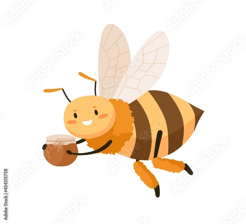 Cute bee with happy face flying and carrying honey pot. Smiling adorable honeybee holding jar in paws. Childish colored flat cartoon vector illustration of funny insect isolated on white background