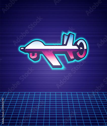 Retro style UAV Drone icon isolated futuristic landscape background. Military Unmanned aircraft spy. 80s fashion party. Vector