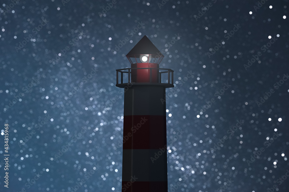 Glowing maritime lighthouse on the background of the starry sky.