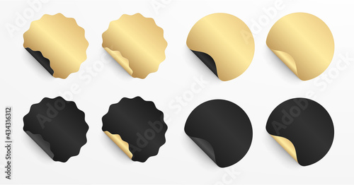 Realistic set white and gold stickers or patches mockup. Blank labels of different shapes round and seal circle. 3d vector