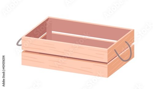 Empty wooden box with twine handles. Wood crate from plywood for farms, gardens and markets. Open rectangular container from planks. Realistic colored flat vector illustration isolated on white