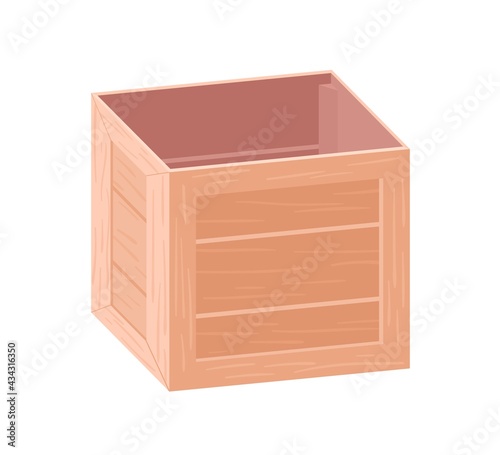 Open wooden box for storage and transportation. Empty wood crate for goods and stuff. Square container from plywood. Package from planks. Colored flat vector illustration isolated on white background