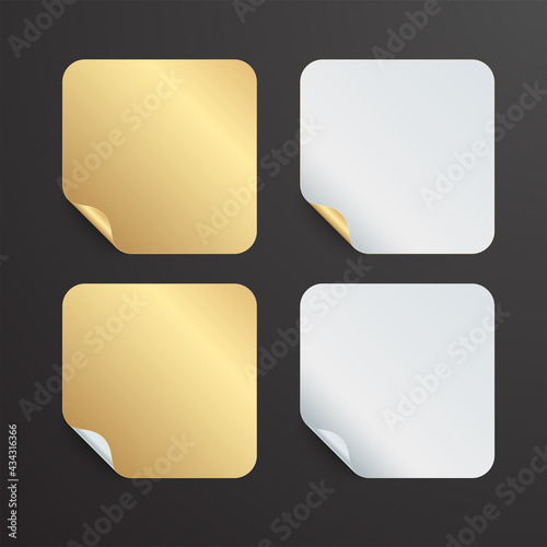 Realistic set white and gold stickers or patches mockup. Blank labels of different shapes square. 3d vector