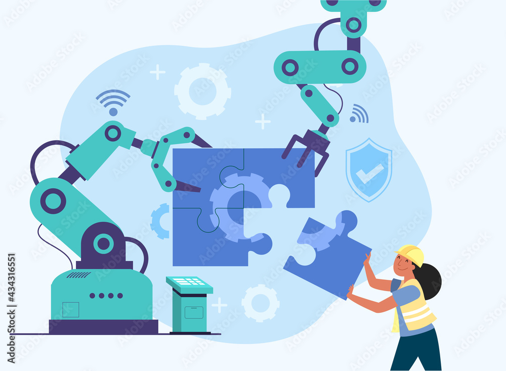 Human and robot arm helping to connect puzzle work Stock Vector | Adobe ...