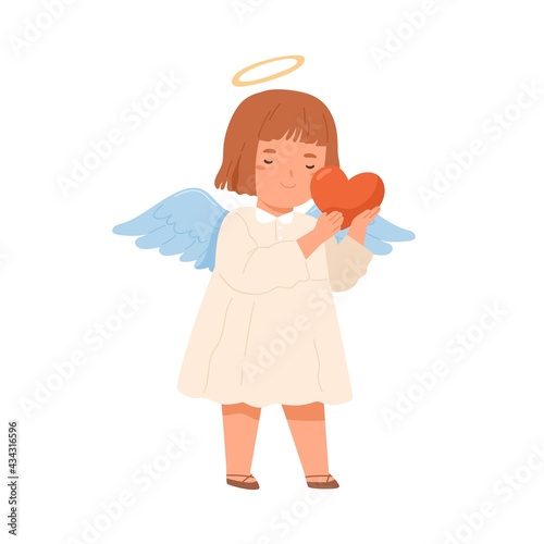 Cute happy angel with wings holding heart in hands. Peaceful little girl giving love, hope and peace. Charity concept. Colored flat vector illustration of child spirit isolated on white background