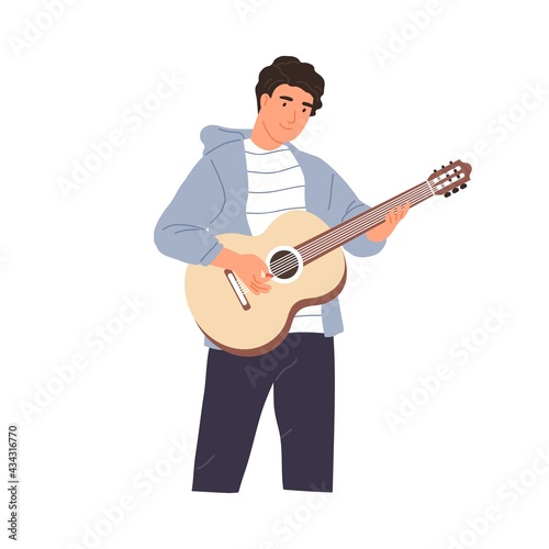 Young musician performing music on acoustic guitar. Happy guitarist standing and playing romantic melody. String instrument player. Colored flat vector illustration isolated on white background