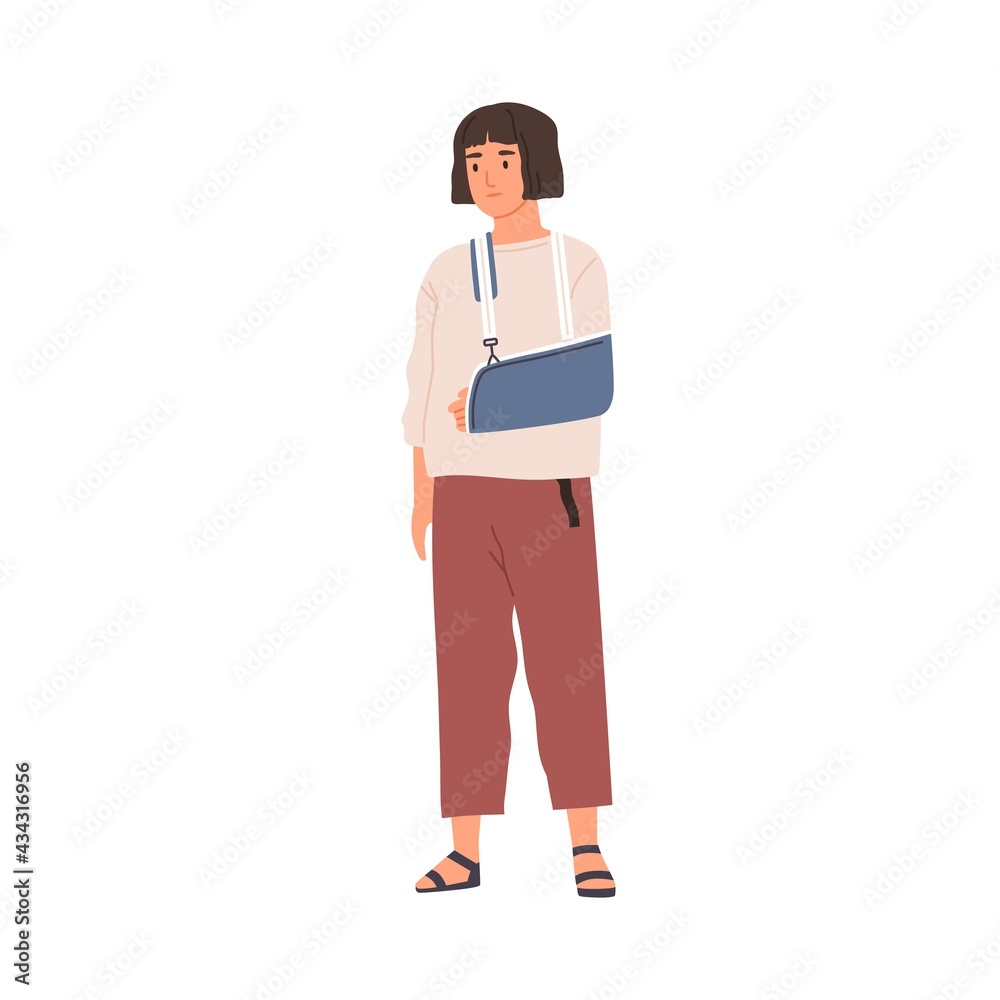 Unhappy woman with broken hand in gypsum. Sad patient with arm injury during recovery. Person with orthopedic trauma sling after accident. Colored flat vector illustration isolated on white background