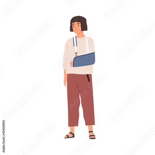 Unhappy woman with broken hand in gypsum. Sad patient with arm injury during recovery. Person with orthopedic trauma sling after accident. Colored flat vector illustration isolated on white background