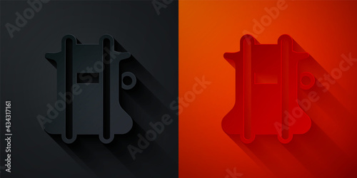 Paper cut Parachute icon isolated on black and red background. Paper art style. Vector