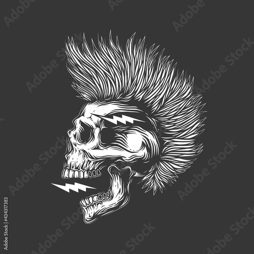 Original monochrome vector illustration. A skull with an open mouth and a punk rock hairstyle. T-shirt design, stickers, print.