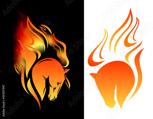 wild mustang horse and burning flames - stallion head with fiery mane vector design set