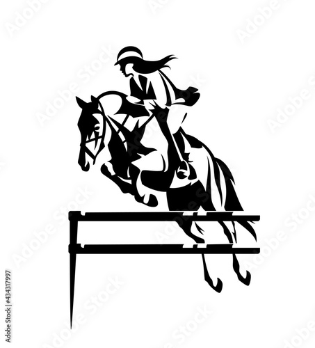 beautiful woman riding horse during show jumping competition - equestrian sport black and white vector outline