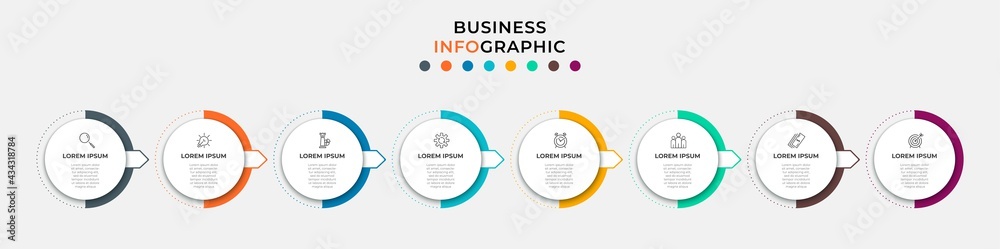 Vector Infographic circle label design business template with icons and 8 options or steps. Can be used for process diagram, presentations, workflow layout, banner, flow chart, info graph
