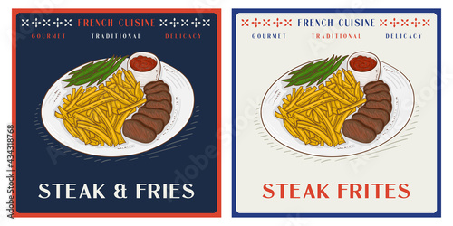 Steak and fries on a plate retro vintage illustration