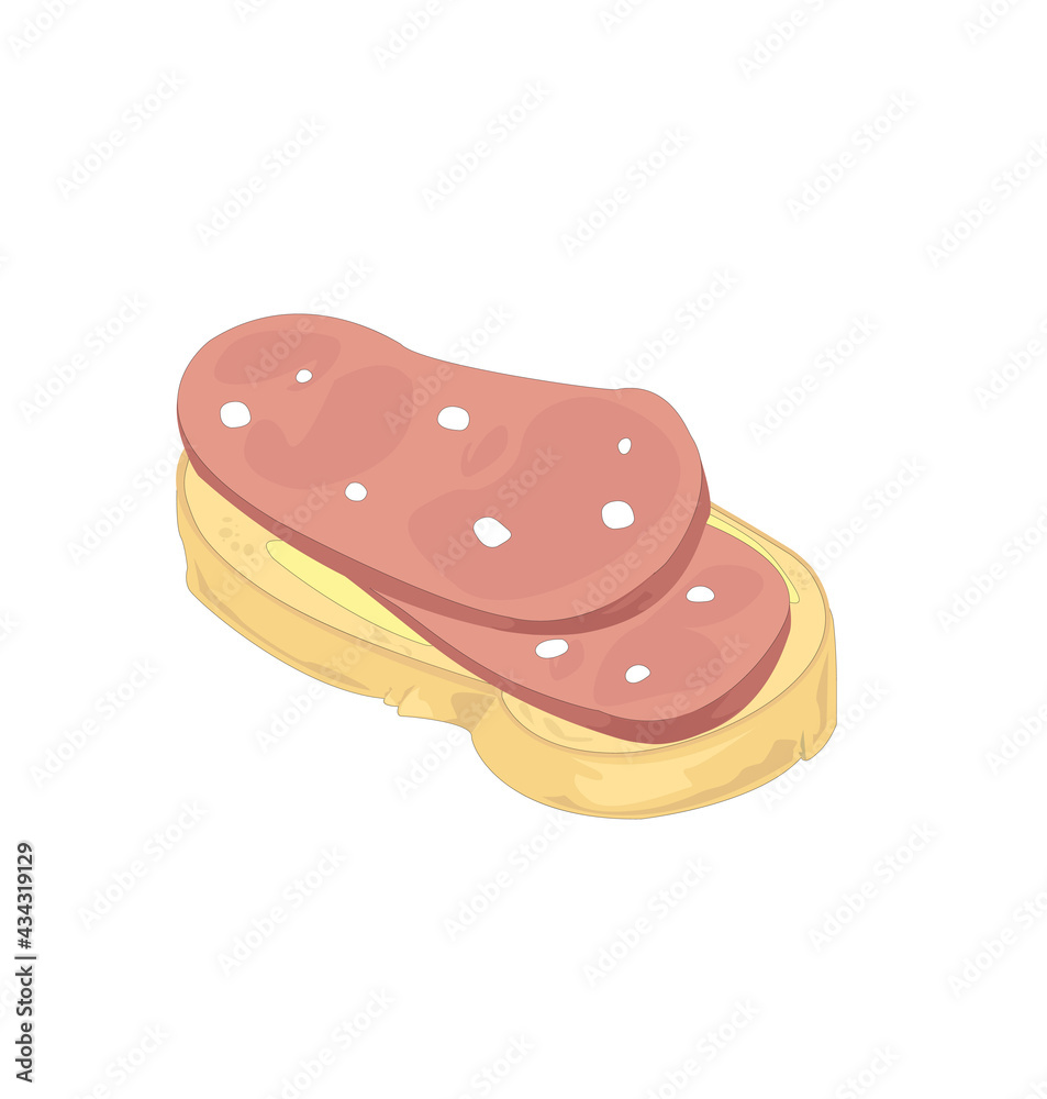 Open sandwich with butter and two pieces of sausage. Vector illustration. Isolated on white background. Cartoon style. Open sandwich with butter and two pieces of sausage. Vector illustration. Isolated on white background. Cartoon style.