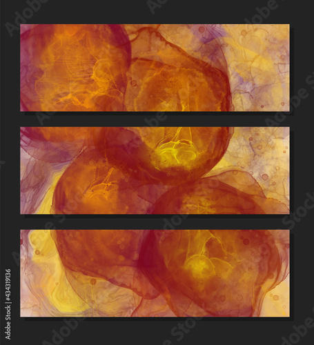 Abstract alcohol ink colors banner set. Mixing paints.