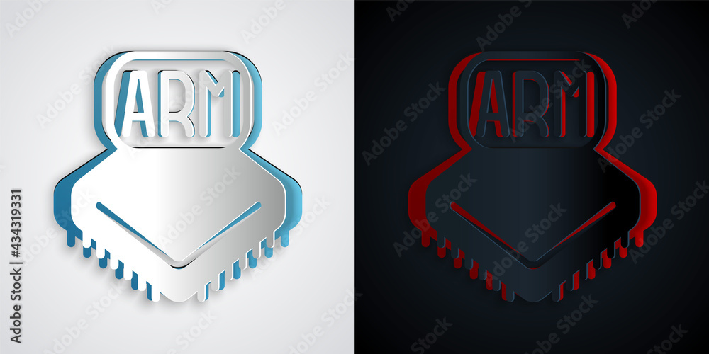 Fototapeta premium Paper cut Processor icon isolated on grey and black background. CPU, central processing unit, microchip, microcircuit, computer processor, chip. Paper art style. Vector