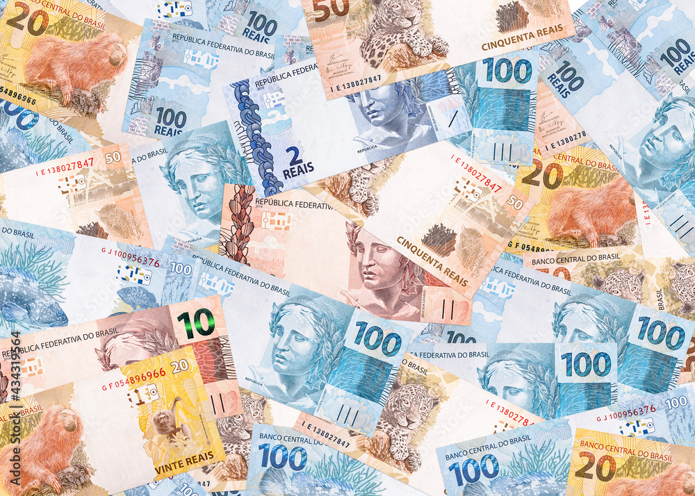 various brazil money banknotes, real banknotes in texture and background