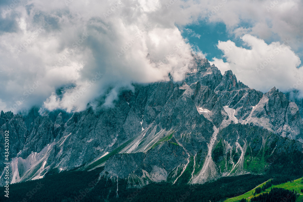 Storm clouds over the Sexten Dolomites, Italy.