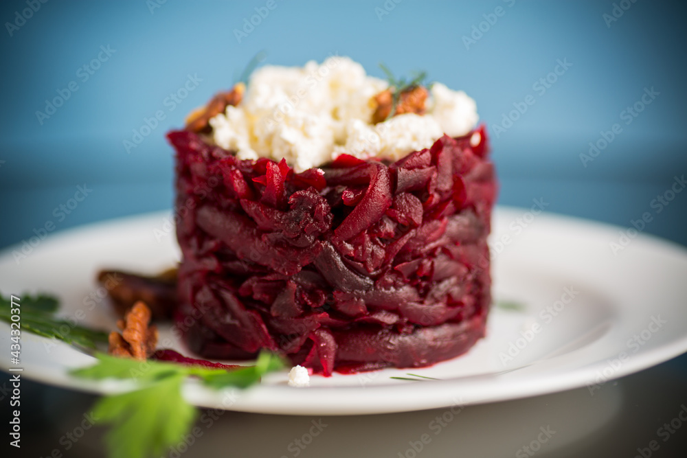 dietary salad of boiled beets with walnuts and cottage cheese dietary salad of boiled beets with walnuts and cottage cheese