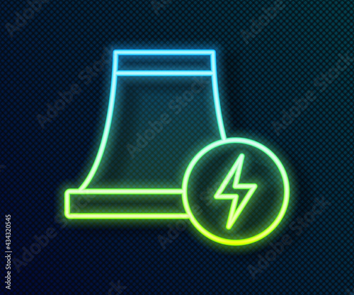 Glowing neon line Nuclear power plant icon isolated on black background. Energy industrial concept. Vector