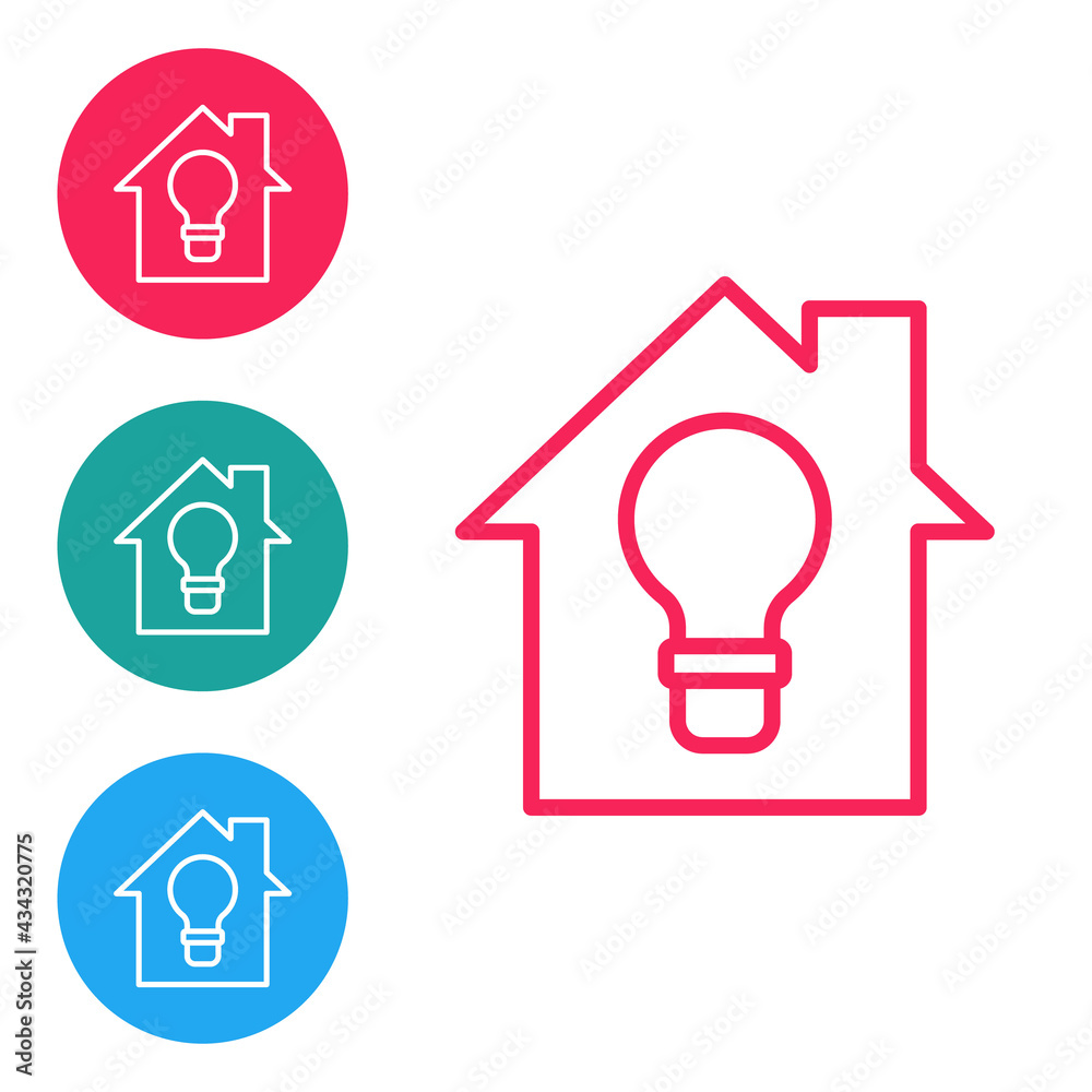 Red line Smart house and light bulb icon isolated on white background. Set icons in circle buttons. Vector Red line Smart house and light bulb icon isolated on white background. Set icons in circle buttons. Vector