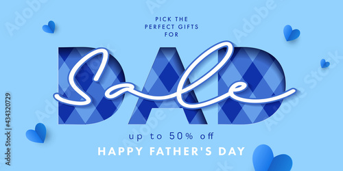 Fathers Day Sale banner, label, flyer, poster or greeting card design with origami hearts and text DAD in paper cut style on blue background with argyle pattern.