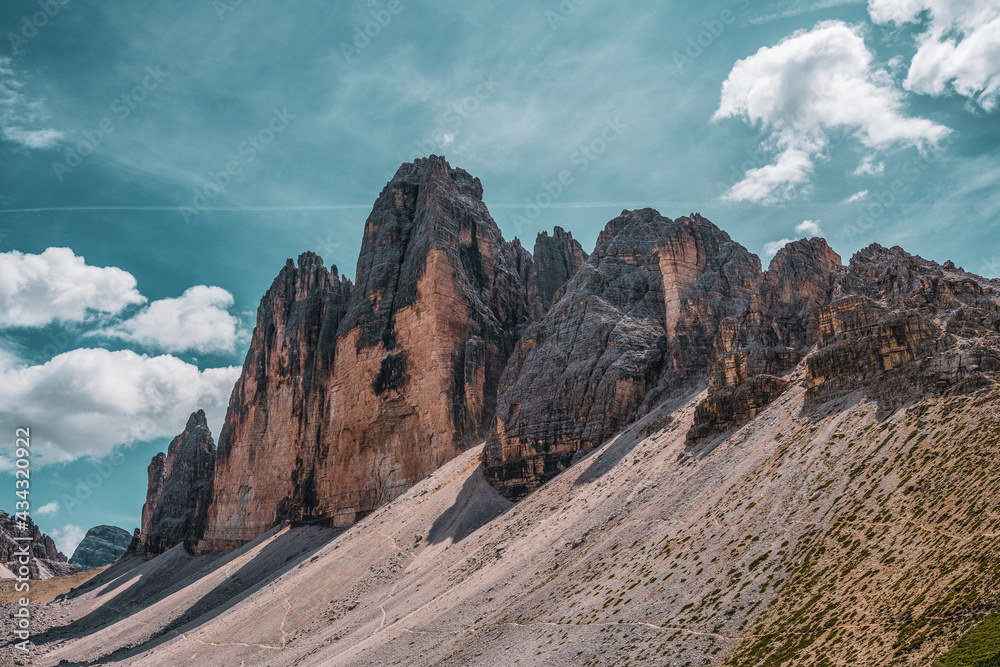 Panoramic view of the Sexten Dolomites in Italy. Three Peaks of Lavaredo.