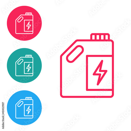 Red line Eco fuel canister icon isolated on white background. Eco bio and barrel. Green environment and recycle. Set icons in circle buttons. Vector