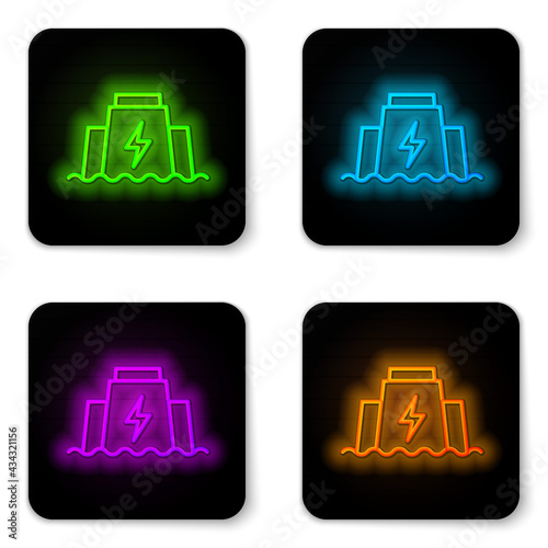 Glowing neon line Hydroelectric dam icon isolated on white background. Water energy plant. Hydropower. Hydroelectricity. Black square button. Vector