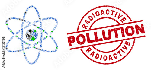 Winter Covid combination atom, and scratched Radioactive Pollution red round stamp seal. Collage atom is formed from Covid-2019, fir tree, and snow items.