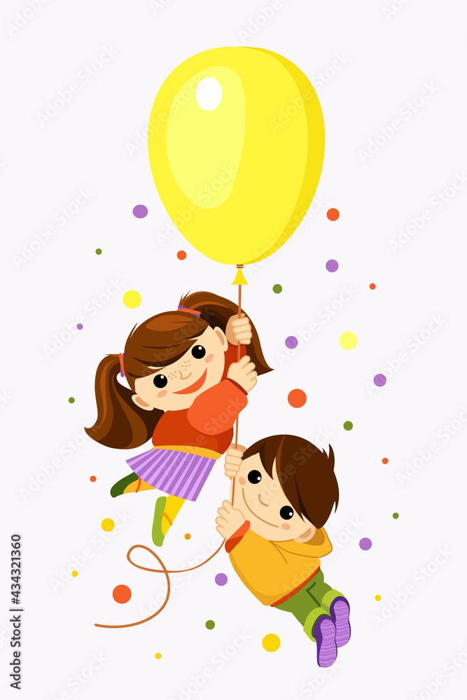 A girl and a boy are flying in a hot air balloon, hello holiday, happy kids  party. Vector illustration. Stock Vector | Adobe Stock